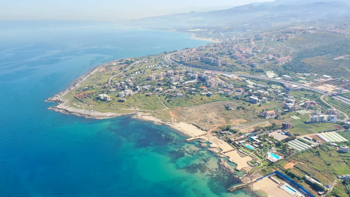 Aerial view of Jiyeh town and beach from the sea